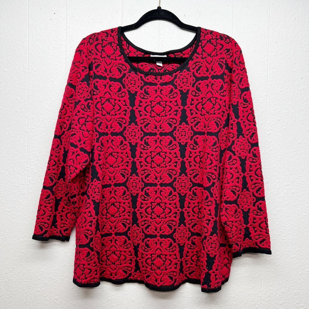 Charter Club Floral Red Knit Sweater Womens 3X Boho Christmas Holiday Stretch